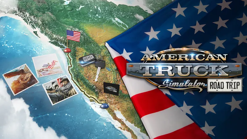 American Truck Simulator Road Trip key art with a map of the western United States, car keys and holiday photos