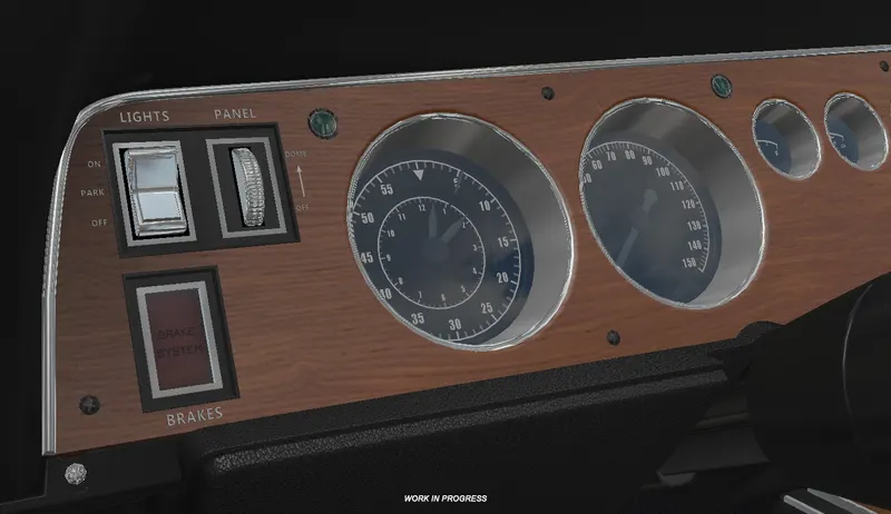 Work-in-progress car dashboard with wood trim and round gauges for ATS Road Trip