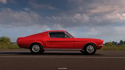 Red 1967 Ford Mustang Fastback side view on a road in American Truck Simulator Road Trip
