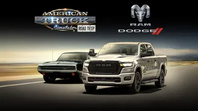 ATS Road Trip RAM and Dodge key art with a RAM 1500 pickup and a classic Dodge Charger