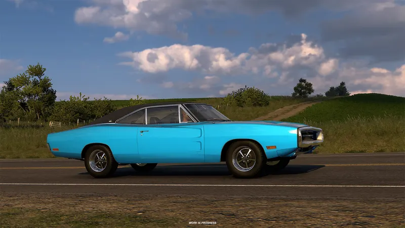 Light blue Dodge Charger with a black vinyl roof on a country road in ATS Road Trip