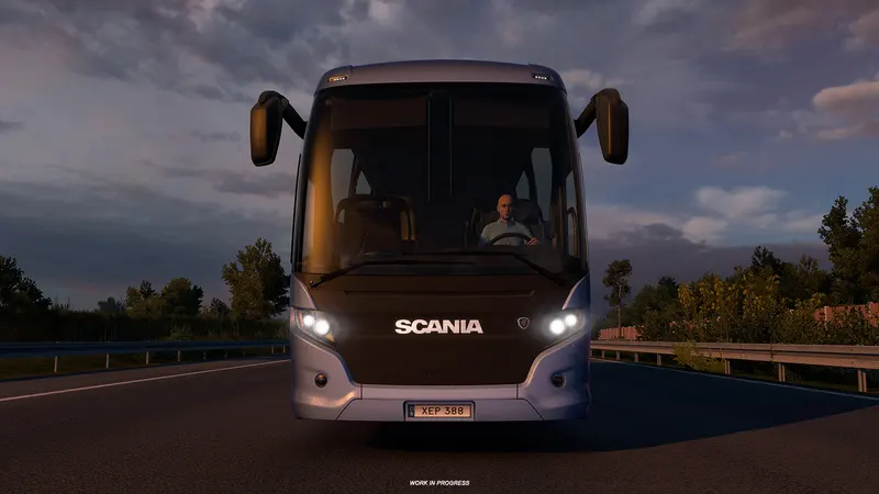 Scania Touring coach at dusk in Euro Truck Simulator 2 Coaches