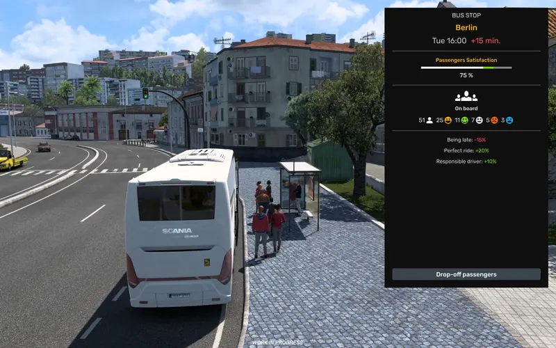 Passenger satisfaction screen at a bus stop in ETS 2 Coaches