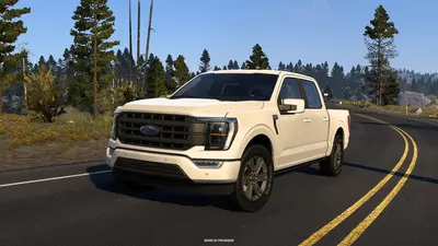 White 2023 Ford F-150 Lariat on a winding forest road in American Truck Simulator Road Trip