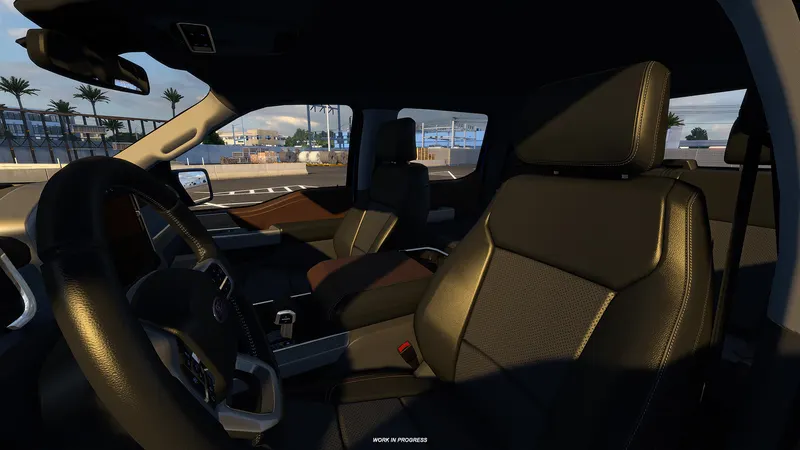Brown leather seats inside the 2023 Ford F-150 Lariat cabin in American Truck Simulator