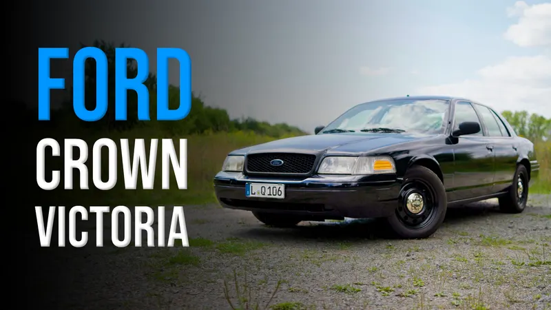 Black Ford Crown Victoria P71 Police Interceptor parked on gravel, from the SCS On The Road walk-around video