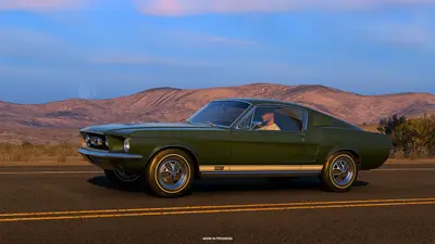 Dark green 1967 Ford Mustang Fastback on a desert highway in American Truck Simulator Road Trip