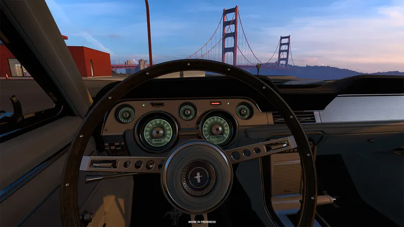 1967 Ford Mustang Fastback cockpit with the Golden Gate Bridge ahead in ATS Road Trip
