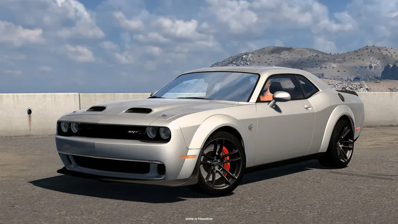 Silver 2023 Dodge Challenger SRT Hellcat Widebody parked by a concrete barrier in ATS Road Trip