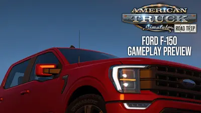 Red 2023 Ford F-150 headlight close-up on the ATS Road Trip Ford F-150 gameplay preview title card