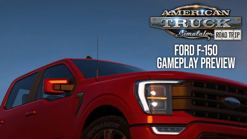 Red 2023 Ford F-150 headlight close-up on the ATS Road Trip Ford F-150 gameplay preview title card