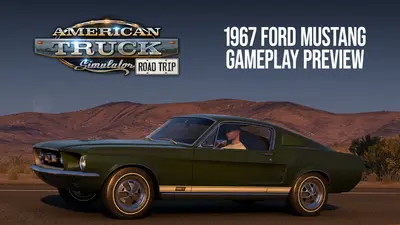 Dark green 1967 Ford Mustang Fastback on a desert road in the ATS Road Trip gameplay preview artwork