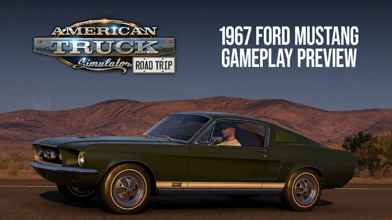 Dark green 1967 Ford Mustang Fastback on a desert road in the ATS Road Trip gameplay preview artwork