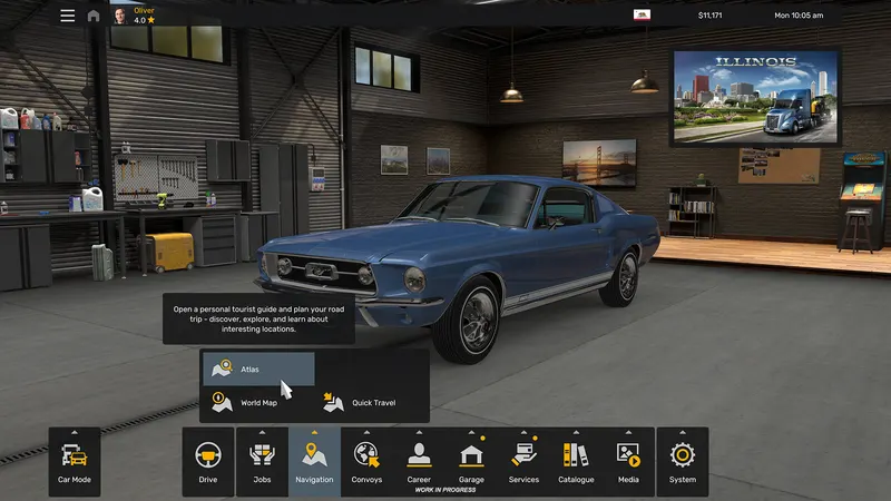 1967 Ford Mustang in the garage with the Atlas option open in the ATS Navigation menu