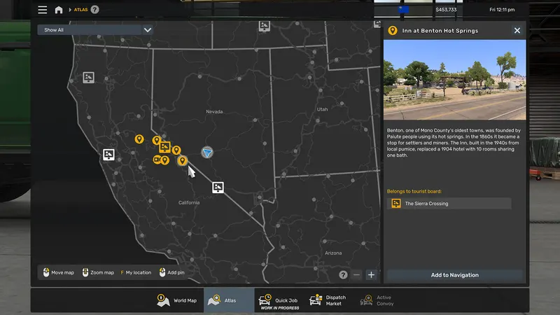 Atlas map screen with Tourist Boards and a location description in ATS Road Trip