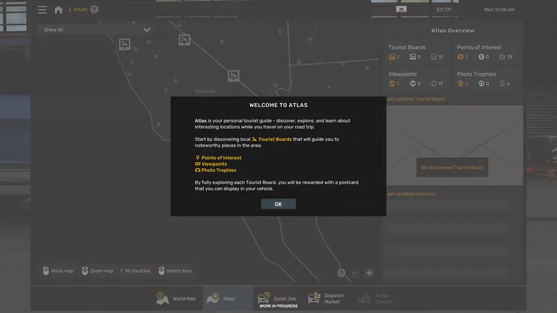 Welcome to Atlas screen explaining Tourist Boards and postcard rewards in ATS Road Trip