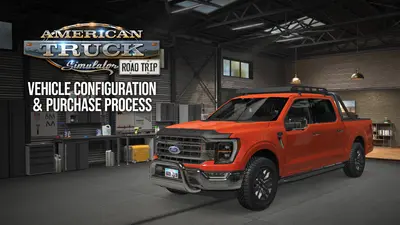 Orange Ford F-150 in the Road Trip garage on the ATS vehicle configuration and purchase title card
