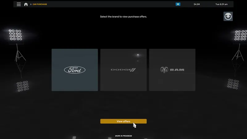 Brand selection screen with Ford, Dodge and RAM in the ATS Road Trip car dealer