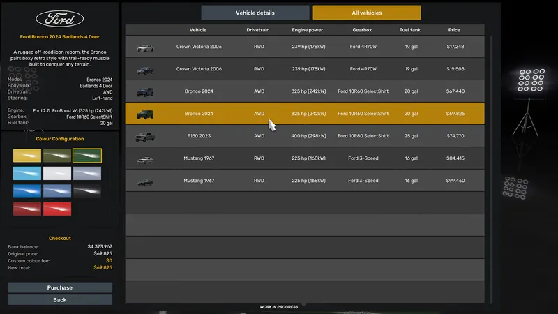 Table view comparing Ford models and their specifications in the ATS Road Trip car dealer