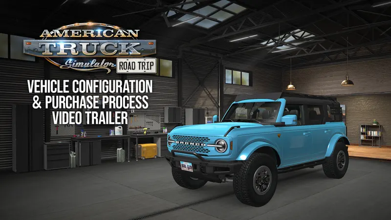Light blue Ford Bronco in the Road Trip garage on the ATS vehicle configuration trailer artwork