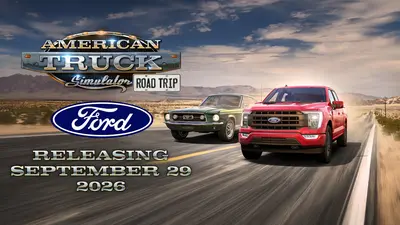 Road Trip Ford key art with a Mustang and an F-150 on a desert highway and the September 29, 2026 release date