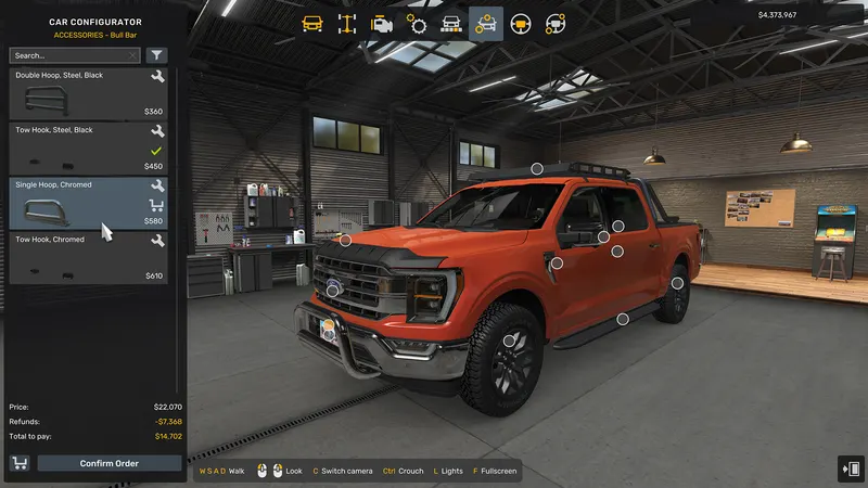 Car configurator in ATS Road Trip showing bull bar accessories for an orange Ford F-150
