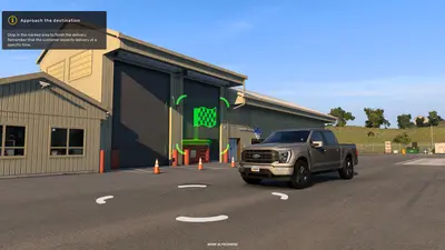 Ford F-150 pulling up to a delivery marker at a warehouse during an ATS Road Trip courier job