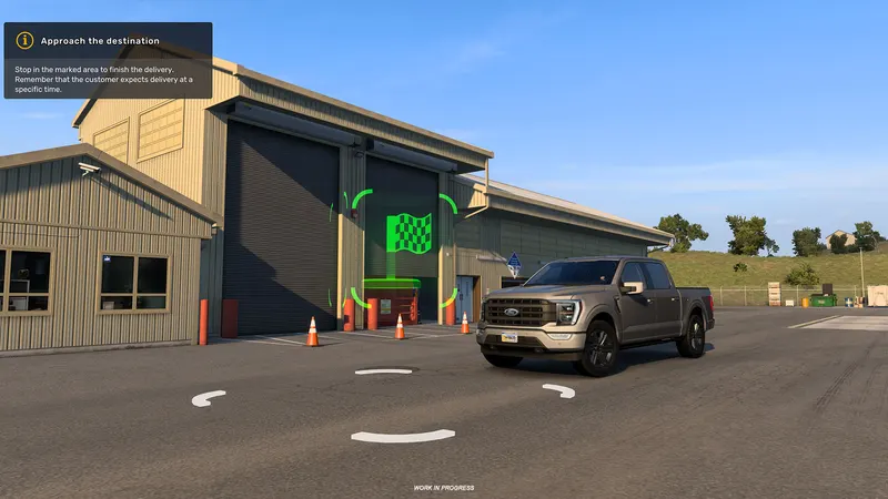 Ford F-150 pulling up to a delivery marker at a warehouse during an ATS Road Trip courier job