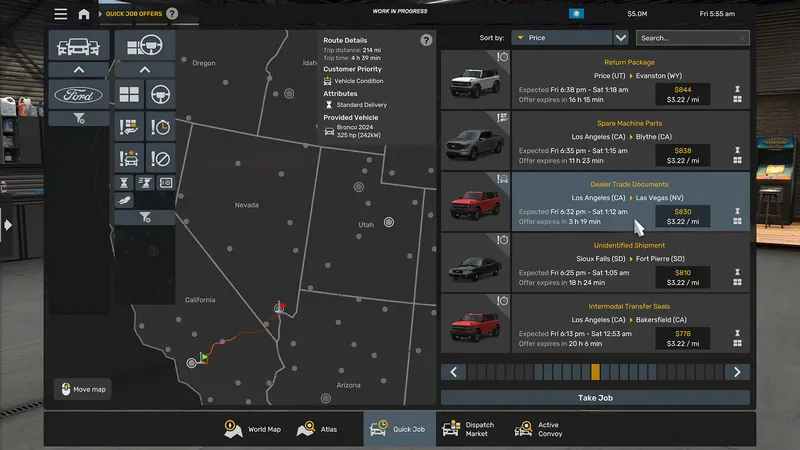 Quick Job offers list and route map in ATS Road Trip with package and document deliveries