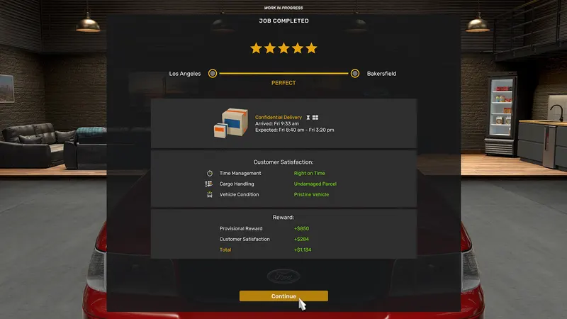 Job completed screen with a five-star rating and customer satisfaction results in ATS Road Trip