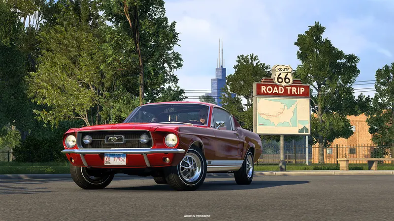 1967 Ford Mustang Fastback parked by a Route 66 Road Trip Tourist Board with the Chicago skyline behind
