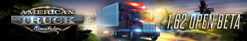 American Truck Simulator 1.62 Open Beta banner with a red truck hauling a trailer at dusk
