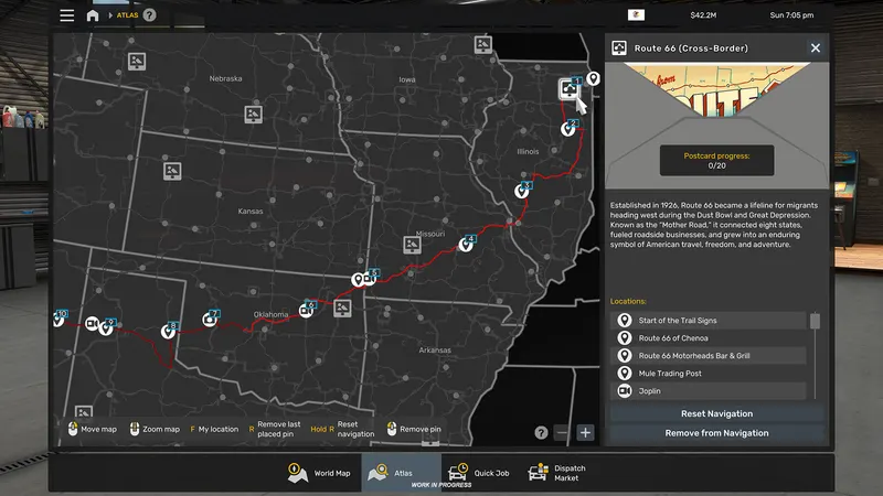 Route 66 Cross-Border Tourist Board shown on the Atlas map in American Truck Simulator 1.62