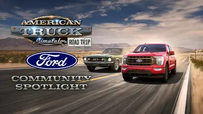ATS Road Trip Ford Community Spotlight artwork with a 1967 Mustang and a Ford F-150 on a desert highway