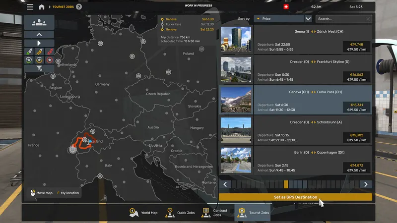Tourist Jobs map menu in ETS 2 Coaches