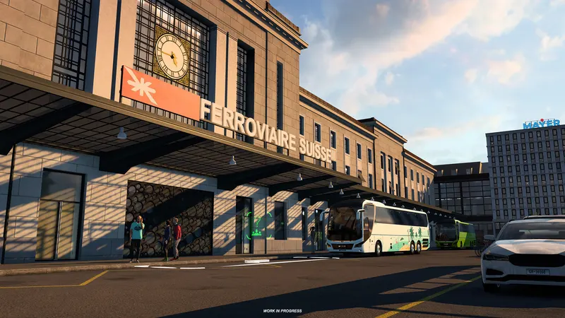 Coach at a landmark station during an ETS 2 Coaches Tourist Job